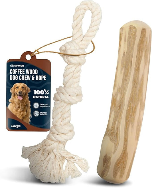 Real Coffee Dog Wood Chew Large 9.7″ & Natural Rope Toys for Regular Chewers – 100% Organic Wood Stick for Dog – Large Toys for Dental Health – Size L