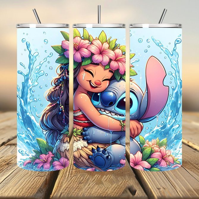 3D Moana And Stitch Water Tumbler, Princess Tumbler, 20Oz Skinny Straight & Tapered Stitch Tumbler