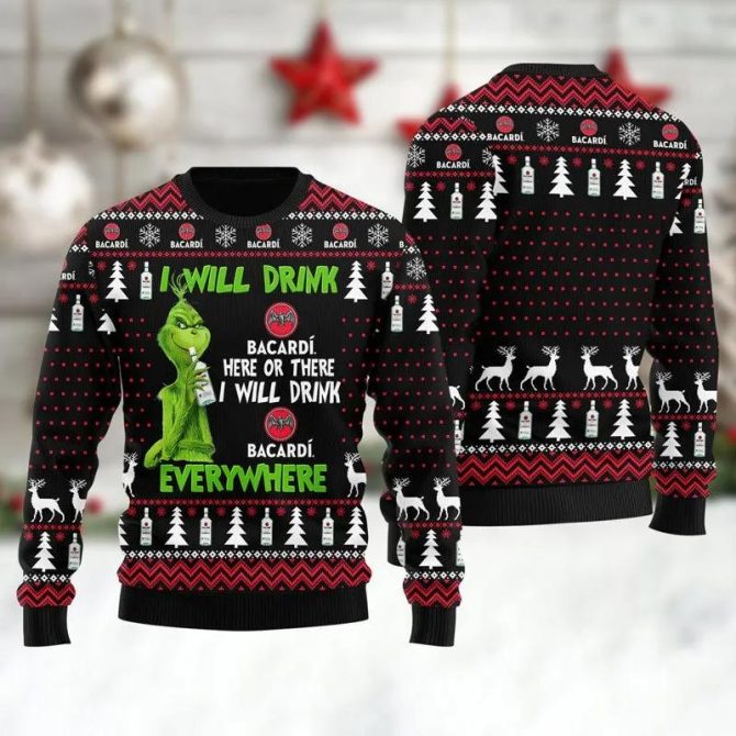 Bacardi Grinch Will Drink Everywhere Ugly Sweater, Grinch Holiday Sweater