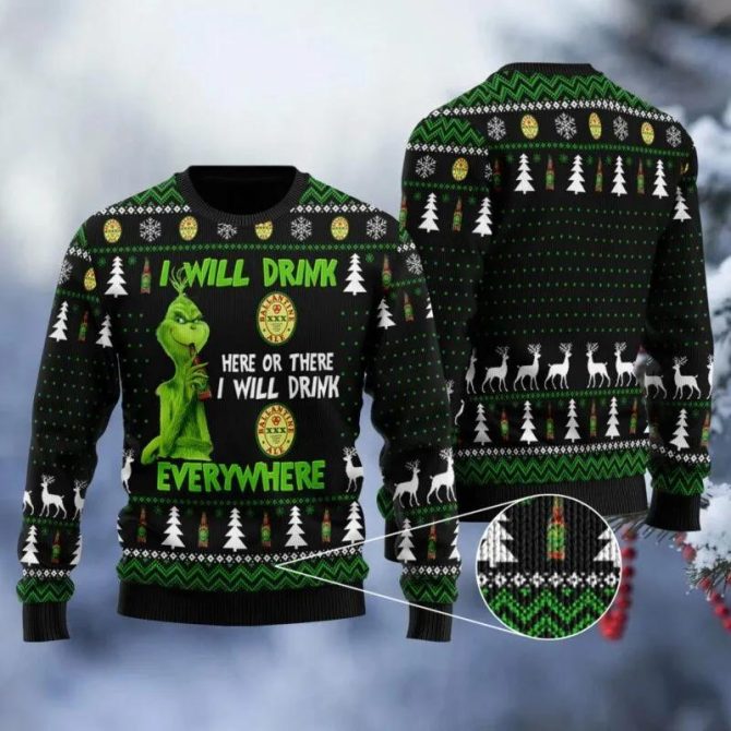 Ballantine Grinch Will Drink Everywhere Ugly Sweater, Grinch Holiday Sweater