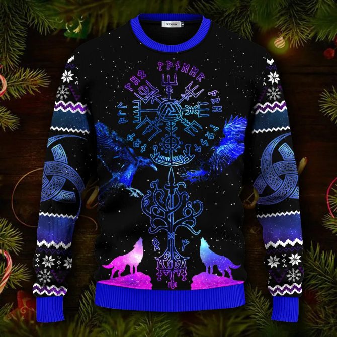 Blue Vegvisir Triple Horn Pattern Wolf Viking Ugly Christmas Sweater