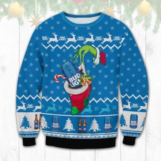 Bud Light Grinch Hand Ugly Sweater, Grinch Holiday Sweater