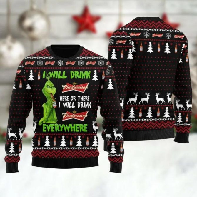 Budweiser Grinch Will Drink Everywhere Ugly Sweater, Grinch Holiday Sweater