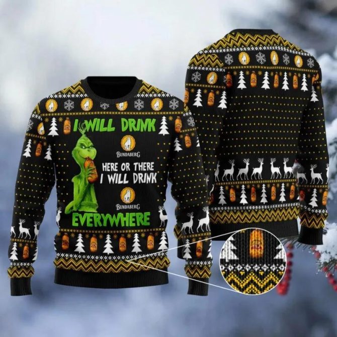 Bundaberg Grinch Will Drink Everywhere Ugly Sweater, Grinch Holiday Sweater