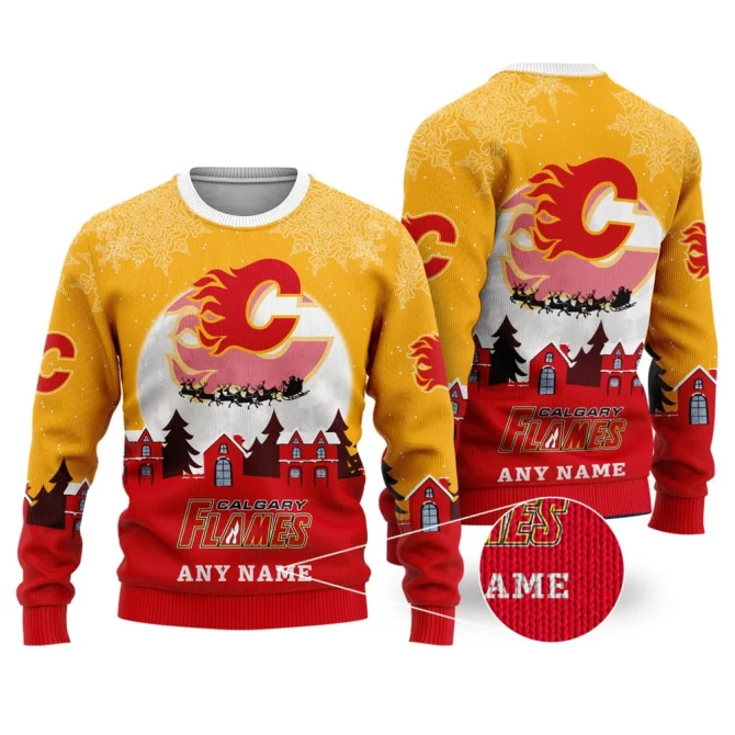 NHL Calgary Flames Personalized Name Christmas Ugly Sweater Design ST2306