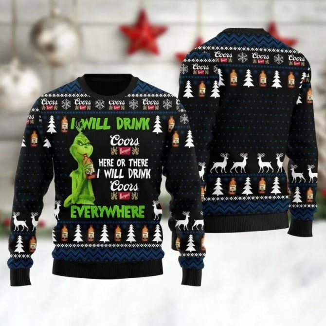 Coors Banquet Grinch Will Drink Everywhere Ugly Sweater, Grinch Holiday Sweater