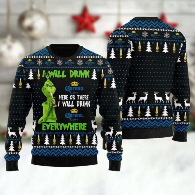 Corona Extra Grinch Will Drink Everywhere Ugly Sweater, Grinch Holiday Sweater