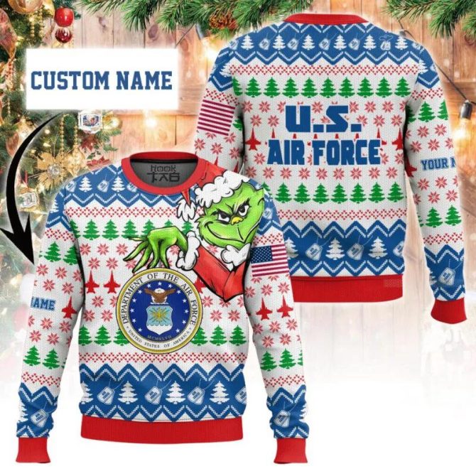 Custom Name Grinch x US Air Force Ugly Christmas Sweater, Grinch Holiday Sweater