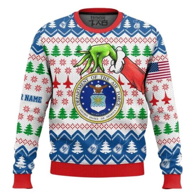 Custom Name Grinch x US Air Force Ugly Sweater, Grinch Holiday Sweater
