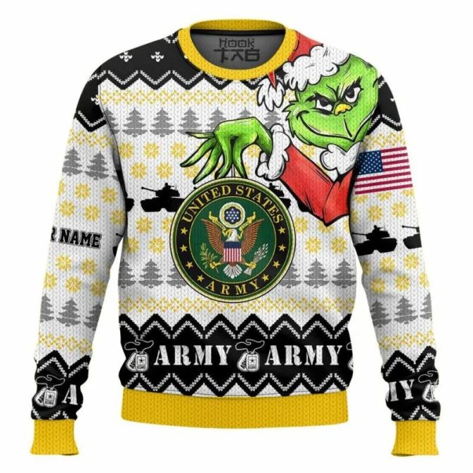 Custom Name Grinch x US Army Ugly Christmas Sweater, Grinch Holiday Sweater