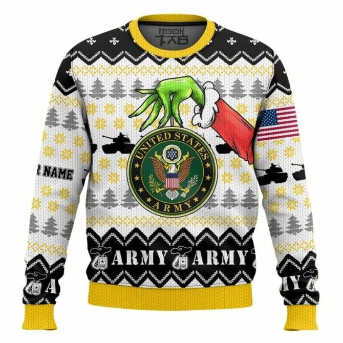 Custom Name Grinch x US Army Ugly Sweater, Grinch Holiday Sweater