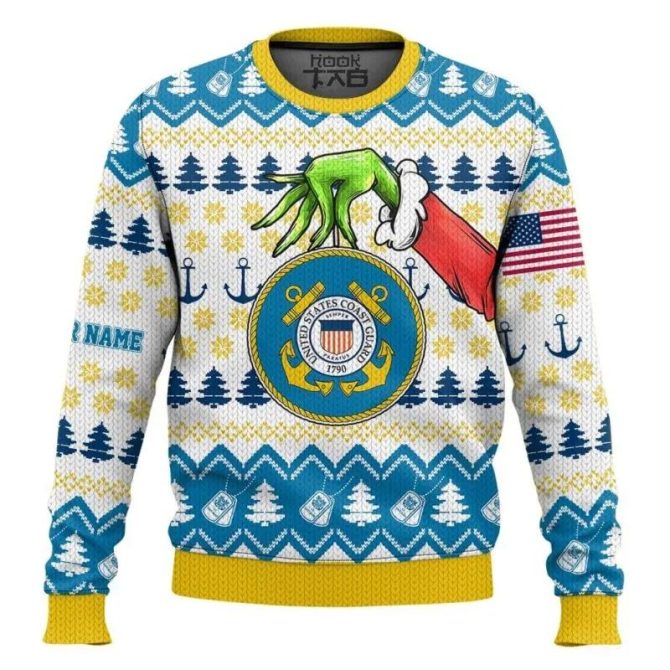 Custom Name Grinch x US Coast Guard Ugly Sweater, Grinch Holiday Sweater