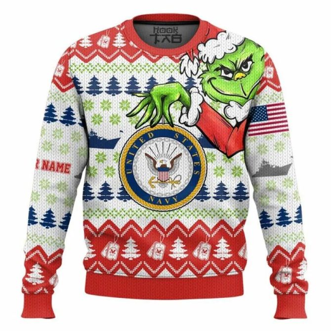 Custom Name Grinch x US Navy Ugly Christmas Sweater, Grinch Holiday Sweater