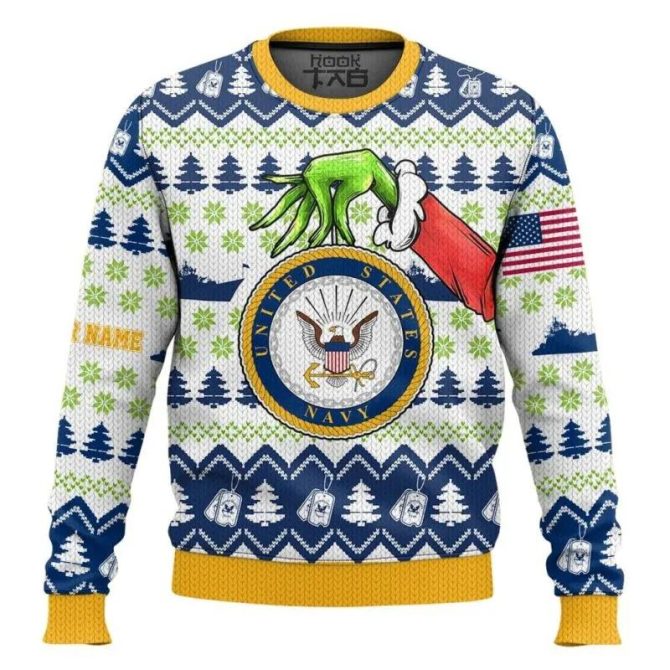 Custom Name Grinch x US Navy Ugly Sweater, Grinch Holiday Sweater
