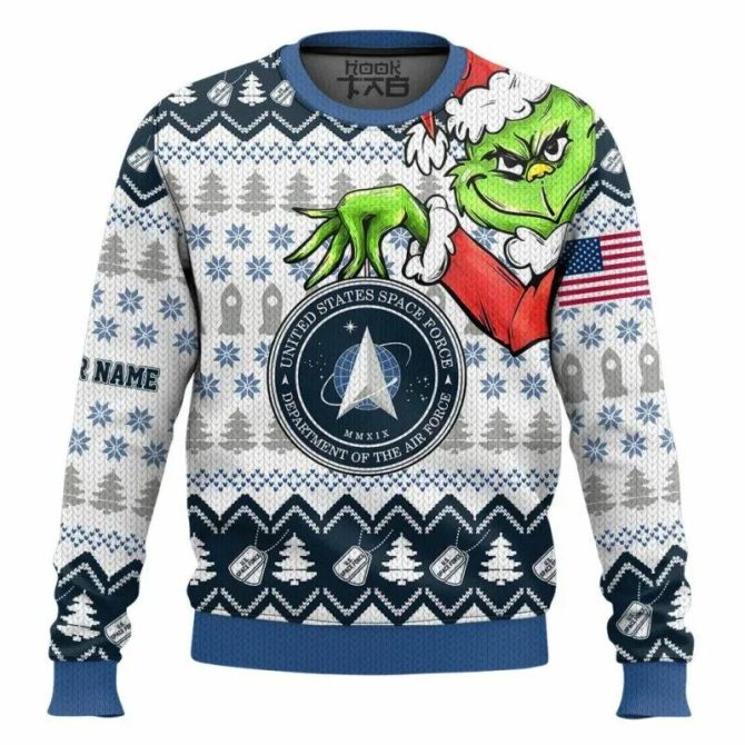 Custom Name Grinch x US Space Force Ugly Christmas Sweater, Grinch Holiday Sweater