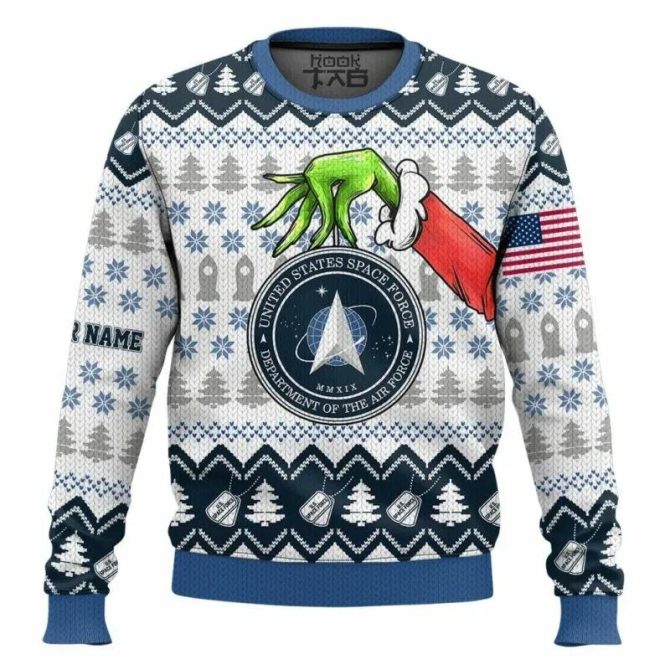 Custom Name Grinch x US Space Force Ugly Sweater, Grinch Holiday Sweater