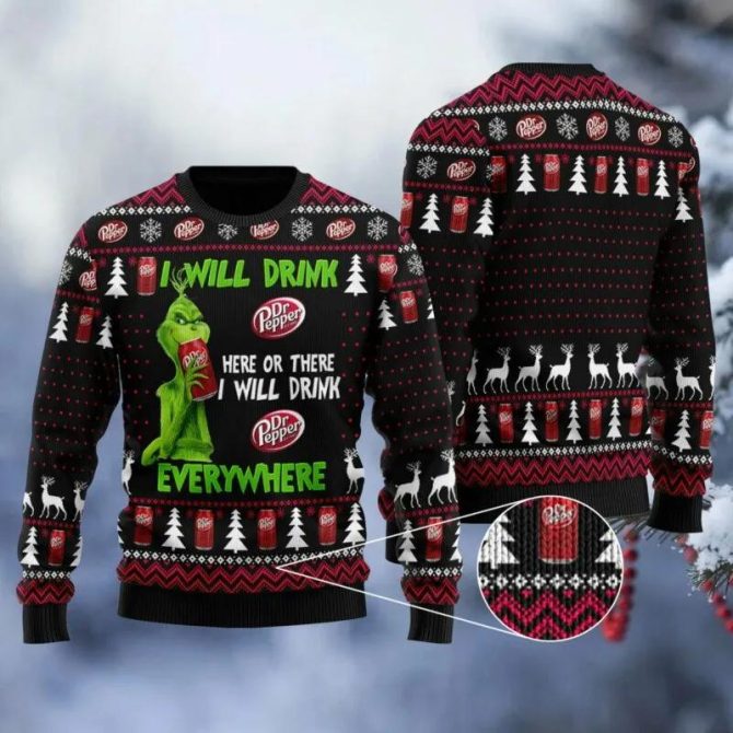 Dr Pepper Grinch Will Drink Everywhere Ugly Sweater, Grinch Holiday Sweater