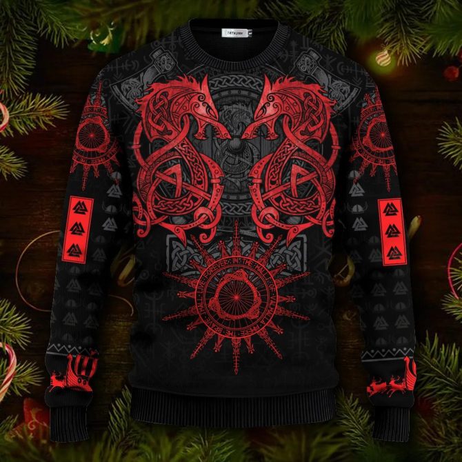 Dragon Red Pattern Viking Ugly Christmas Sweater