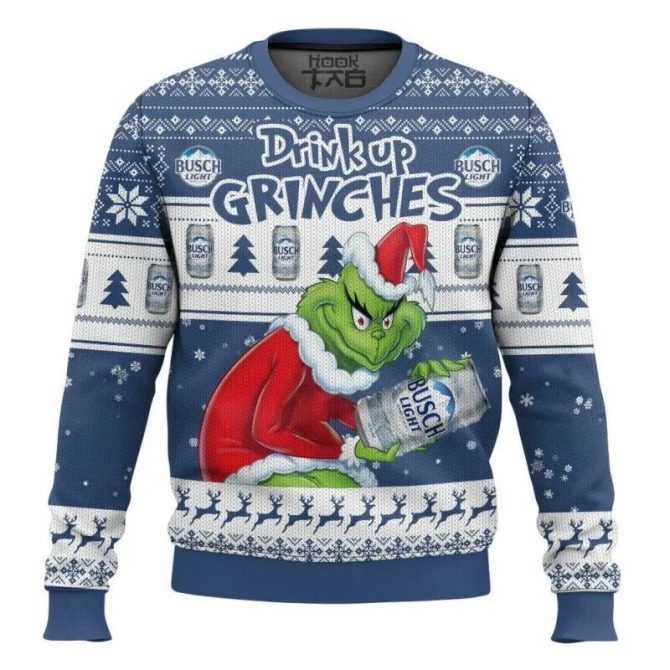 Drink Up Grinch Stolen Busch Light Ugly Sweater, Grinch Holiday Sweater