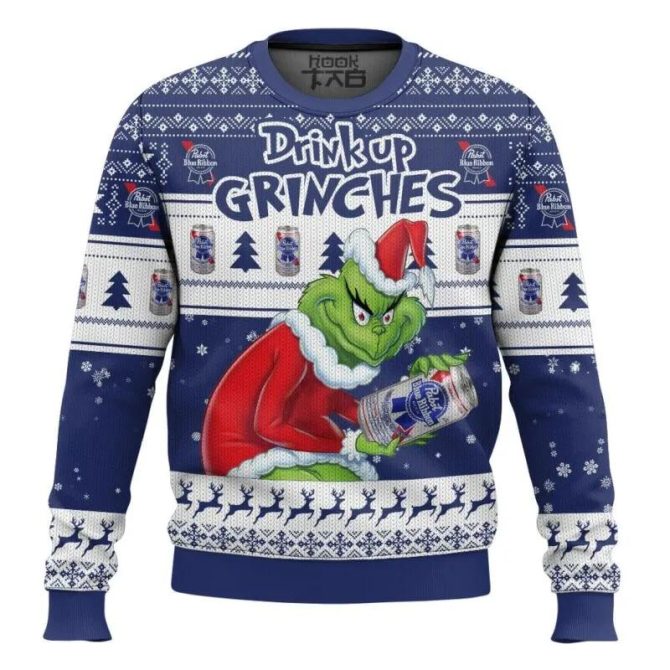Drink Up Grinches Stolen Pabst Blue Ribbon Ugly Sweater, Grinch Holiday Sweater