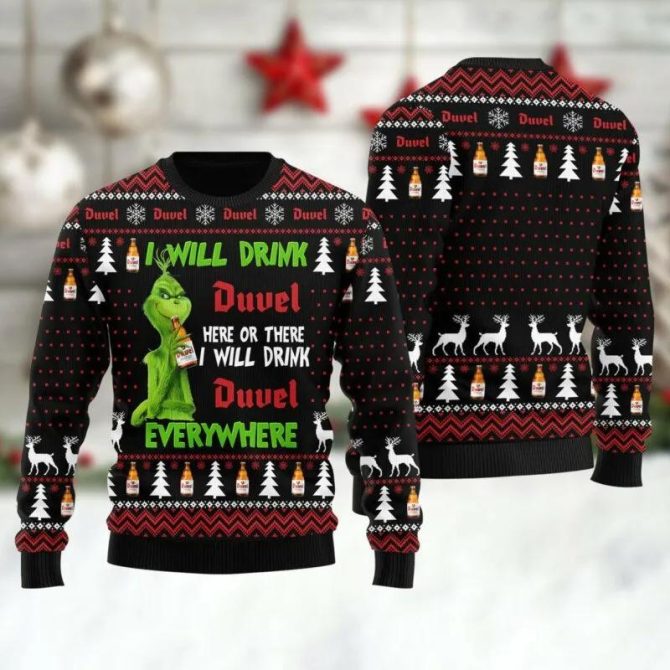 Duvel Grinch Will Drink Everywhere Ugly Sweater, Grinch Holiday Sweater
