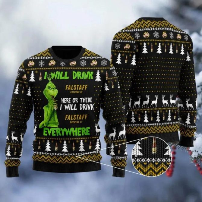 Falstaff Grinch Will Drink Everywhere Ugly Sweater, Grinch Holiday Sweater