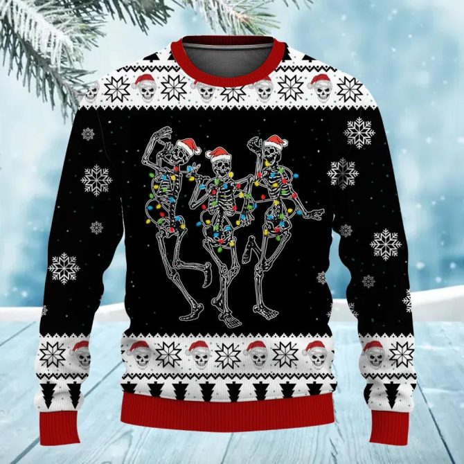 Funny Skeleton Skull Dance with Christmas Light Ugly Sweater, Skull Xmas Sweater