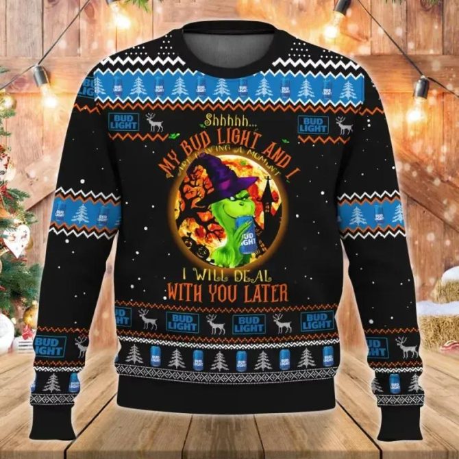 Grinch Drink Bud Light Beer Halloween Ugly Sweater, Grinch Holiday Sweater
