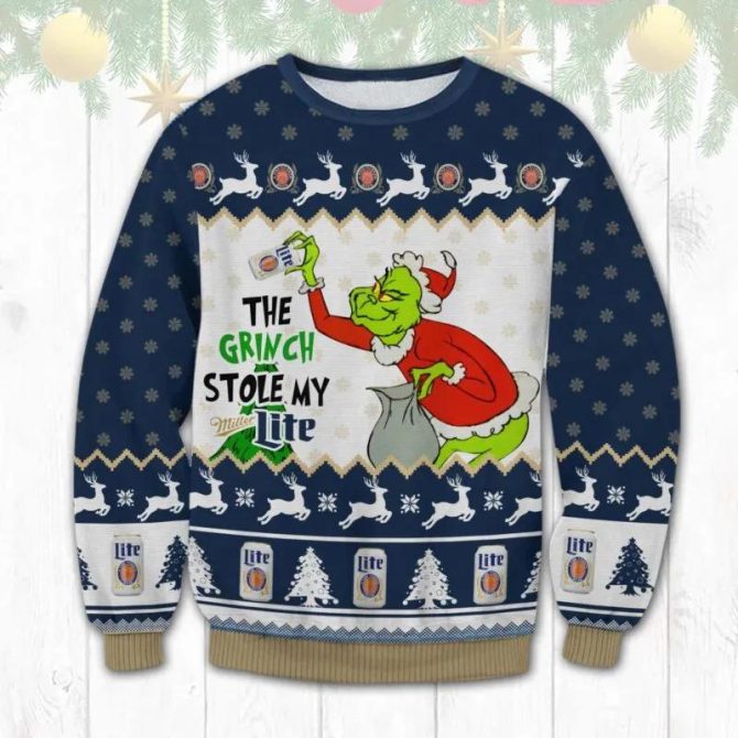 Grinch Stole My Miller Lite Ugly Sweater, Grinch Holiday Sweater