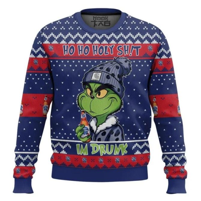 Ho Ho Holy Sh!t Im Drunk Pabst Blue Ribbon Grinch Ugly Sweater, Grinch Holiday Sweater