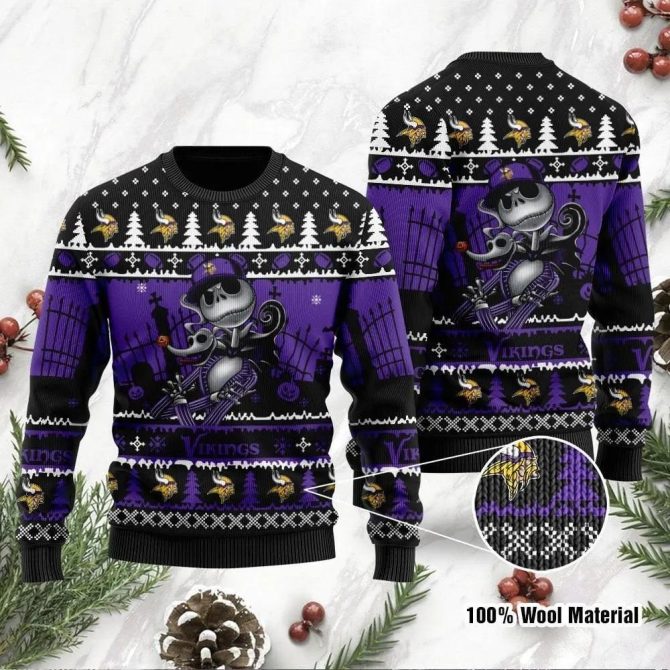 Jack Skellington Minnesota Vikings  Halloween Ugly Christmas Sweater