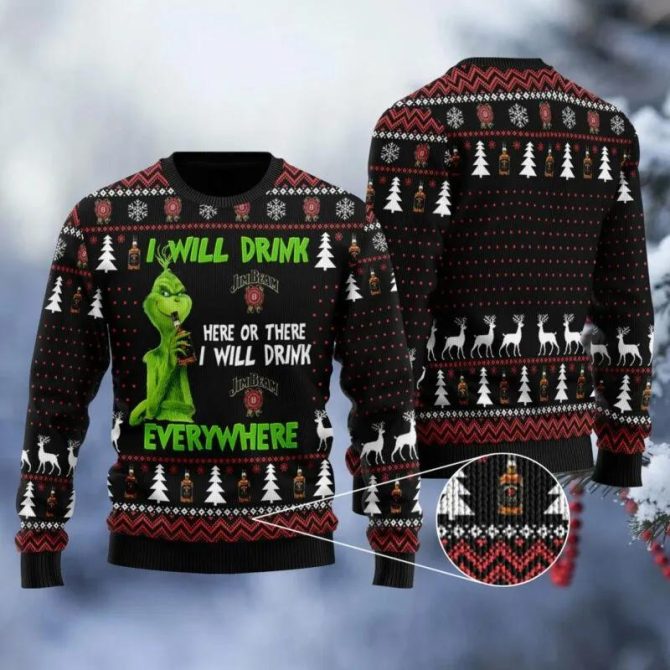 Jim Beam Grinch Will Drink Everywhere Ugly Sweater, Grinch Holiday Sweater