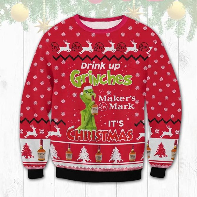 Maker?s Mark Drink Up Grinches Ugly Sweater, Grinch Holiday Sweater