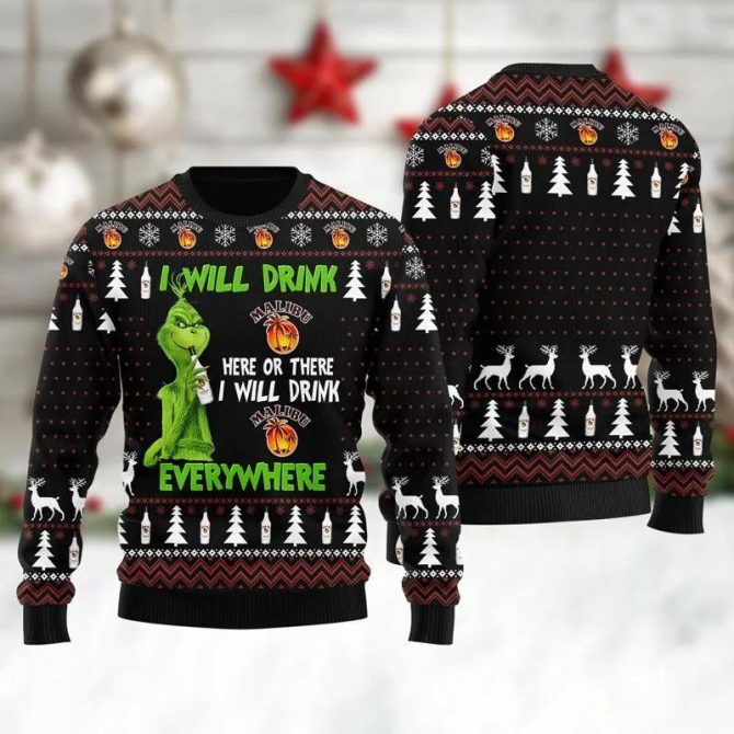Malibu Grinch Will Drink Everywhere Ugly Sweater, Grinch Holiday Sweater