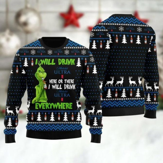Michelob Ultra Grinch Will Drink Everywhere Ugly Sweater, Grinch Holiday Sweater