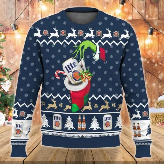 Miller Lite Grinch Hand Ugly Christmas Sweater, Grinch Holiday Sweater