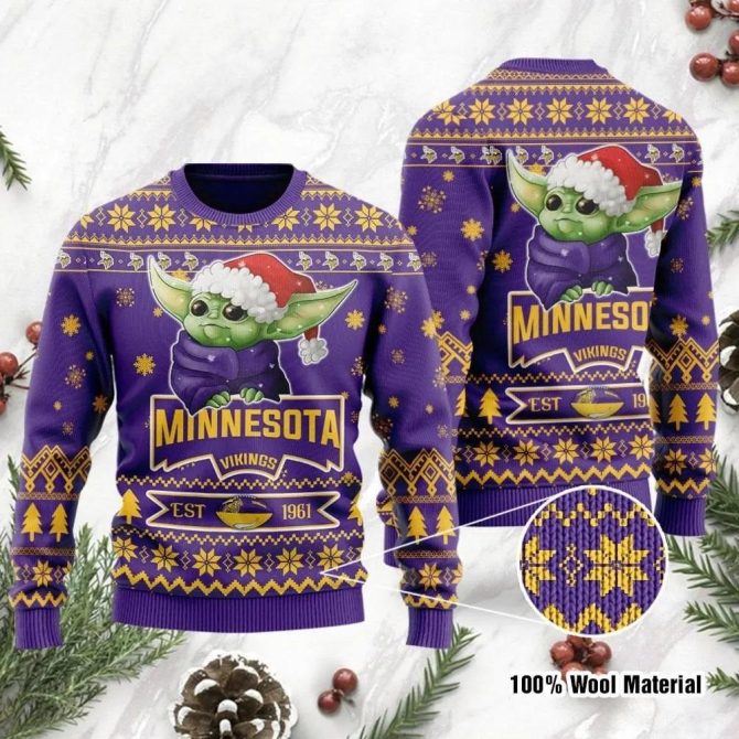 Minnesota Vikings Cute Baby Yoda Grogu Holiday Party Ugly Christmas Sweater, Minnesota Vikings Christmas Sweater