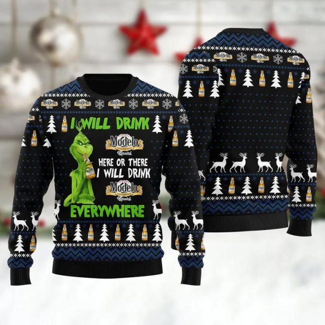 Modelo Grinch Will Drink Everywhere Ugly Sweater, Grinch Holiday Sweater