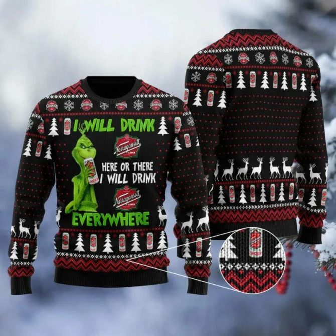 Narragansett Grinch Will Drink Everywhere Ugly Sweater, Grinch Holiday Sweater