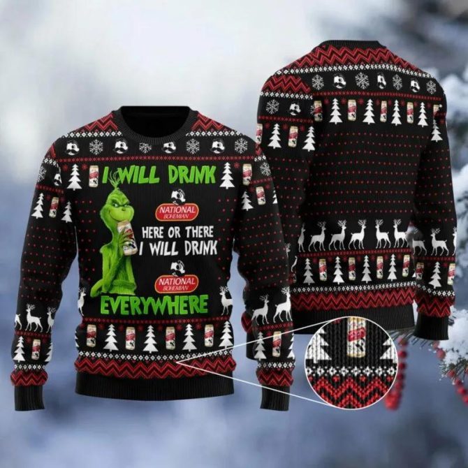 National Bohemian Grinch Will Drink Everywhere Ugly Sweater, Grinch Holiday Sweater