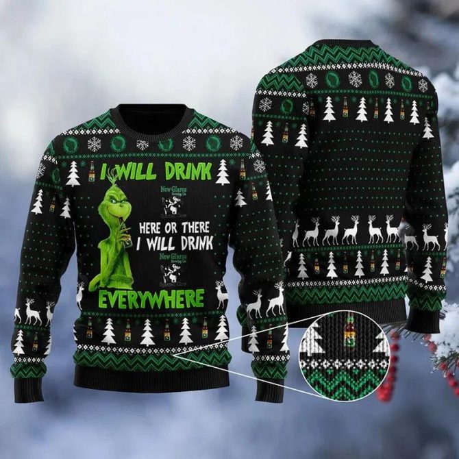 New Glarus Grinch Will Drink Everywhere Ugly Sweater, Grinch Holiday Sweater