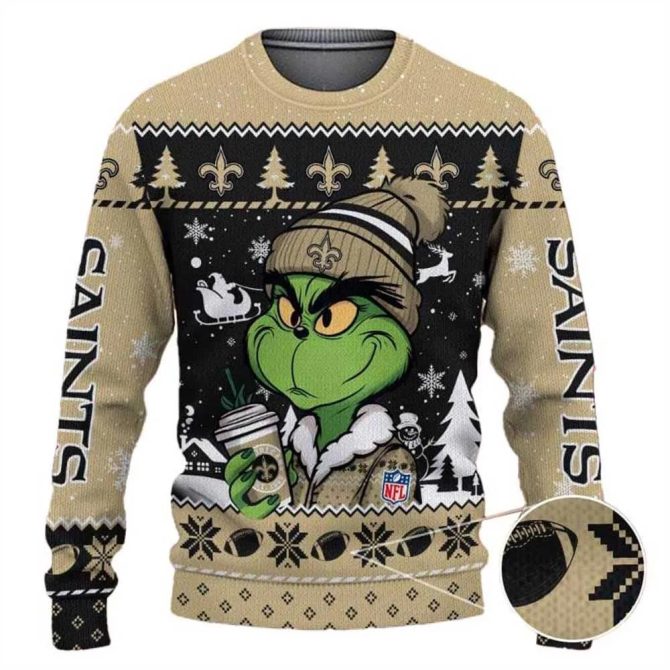 New Orleans Saints The Grinch Drink Coffee Ugly Christmas Sweater, NFL Christmas Sweater