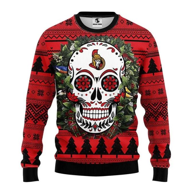 Ottawa Senators Skull Flower Ugly Christmas Sweater, NHL Christmas Sweater