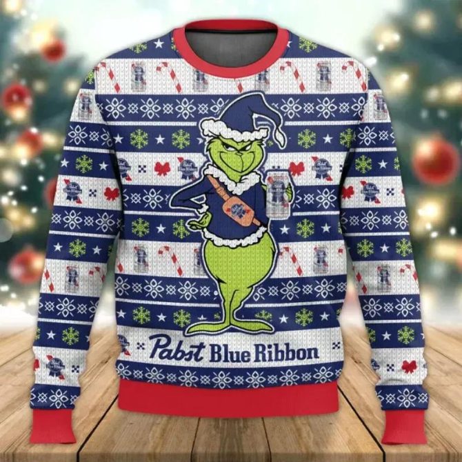 Pabst Blue Ribbon Grinch Ugly Sweater, Grinch Holiday Sweater