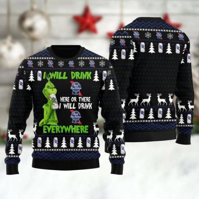 Pabst Blue Ribbon Grinch Will Drink Everywhere Ugly Sweater, Grinch Holiday Sweater
