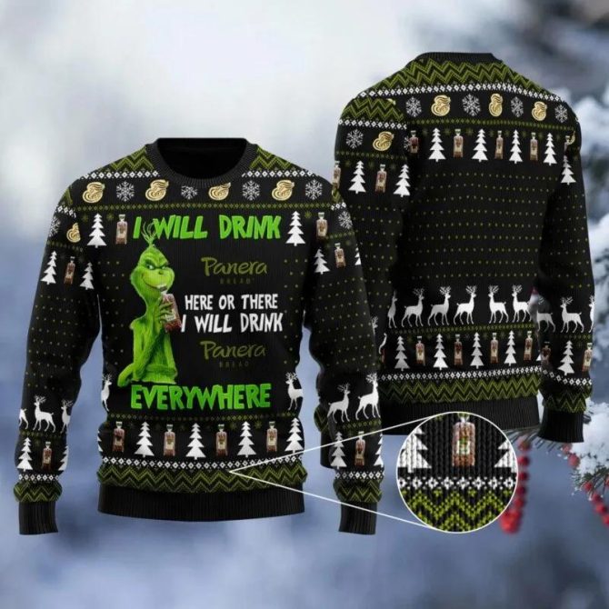 Panera Bread Grinch Will Drink Everywhere Ugly Sweater, Grinch Holiday Sweater