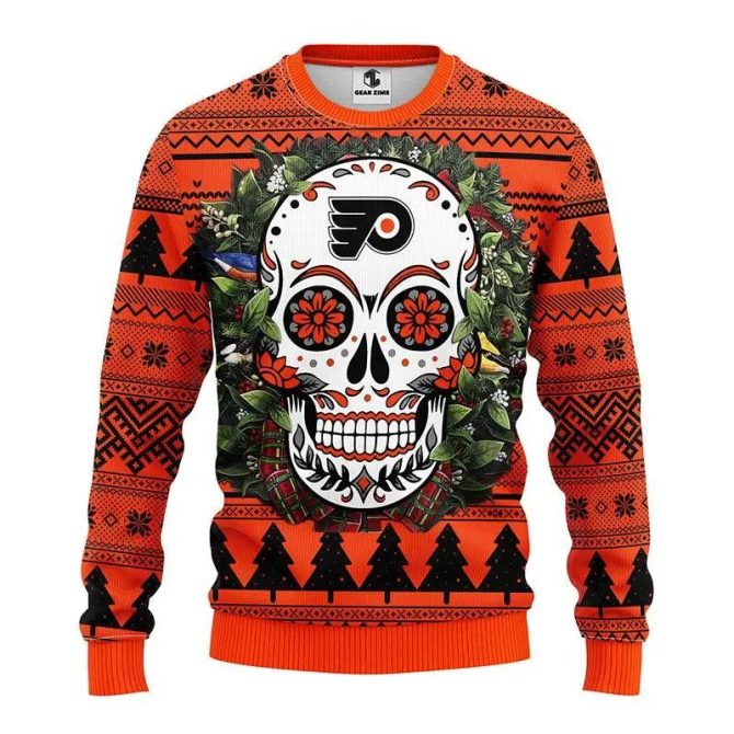 Philadelphia Flyers Skull Flower Ugly Christmas Sweater, NHL Christmas Sweater