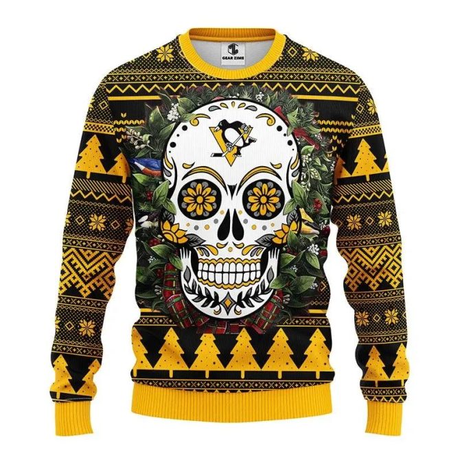 Pittsburgh Penguins Skull Flower Ugly Christmas Sweater, NHL Christmas Sweater
