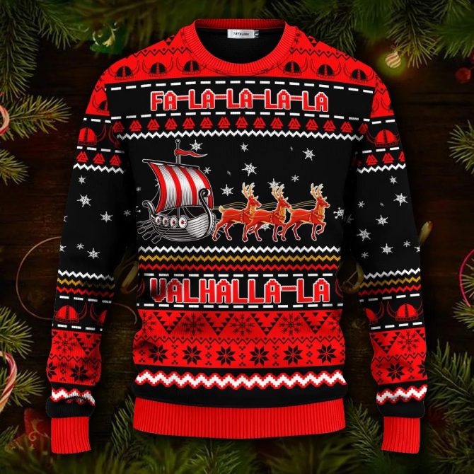 Red Falalalala Valhallala Viking Ships Viking Ugly Christmas Sweater