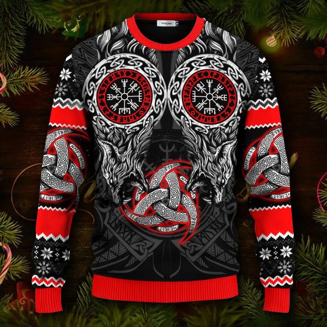 Red Triple Horn Pattern Wolf Viking Ugly Christmas Sweater